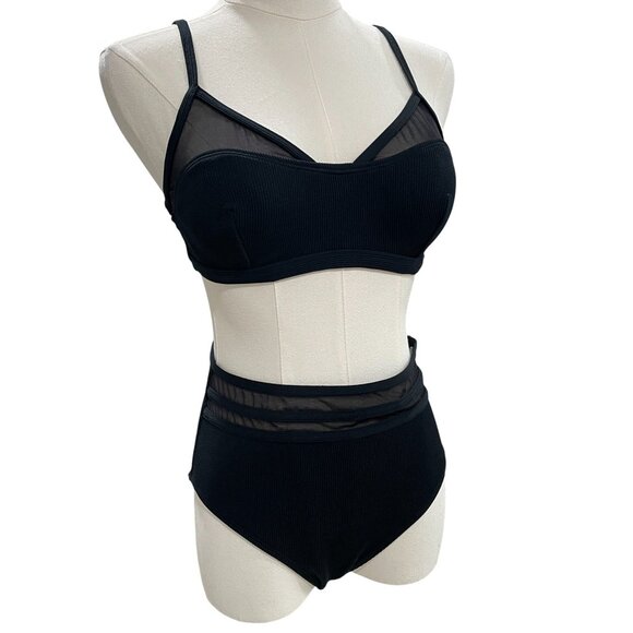 Cupshe Black Mesh Bikini Set High Waist Swimwear Cruise Chic Minimalist Resort S - Picture 5 of 10